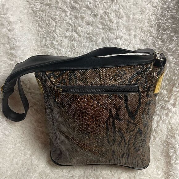 Snakeskin Pattern black and brown synthetic bucket style Shoulder Bag black trim - Picture 6 of 13